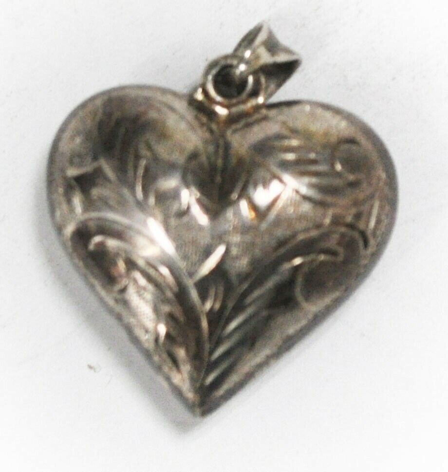 Sterling Silver Puffy Heart Etched Scroll Floral Pendant 30mm x 23mm
