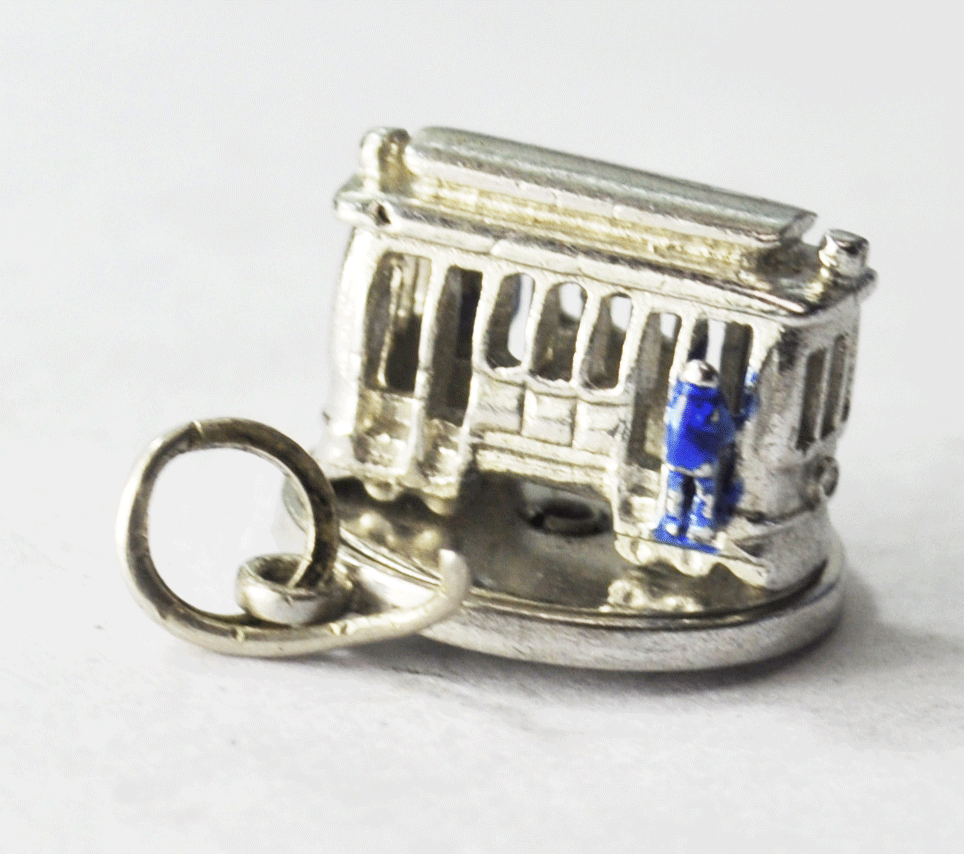Sterling Silver Wells Spinning Street Car Blue Enamel Charm 15mm x 11mm