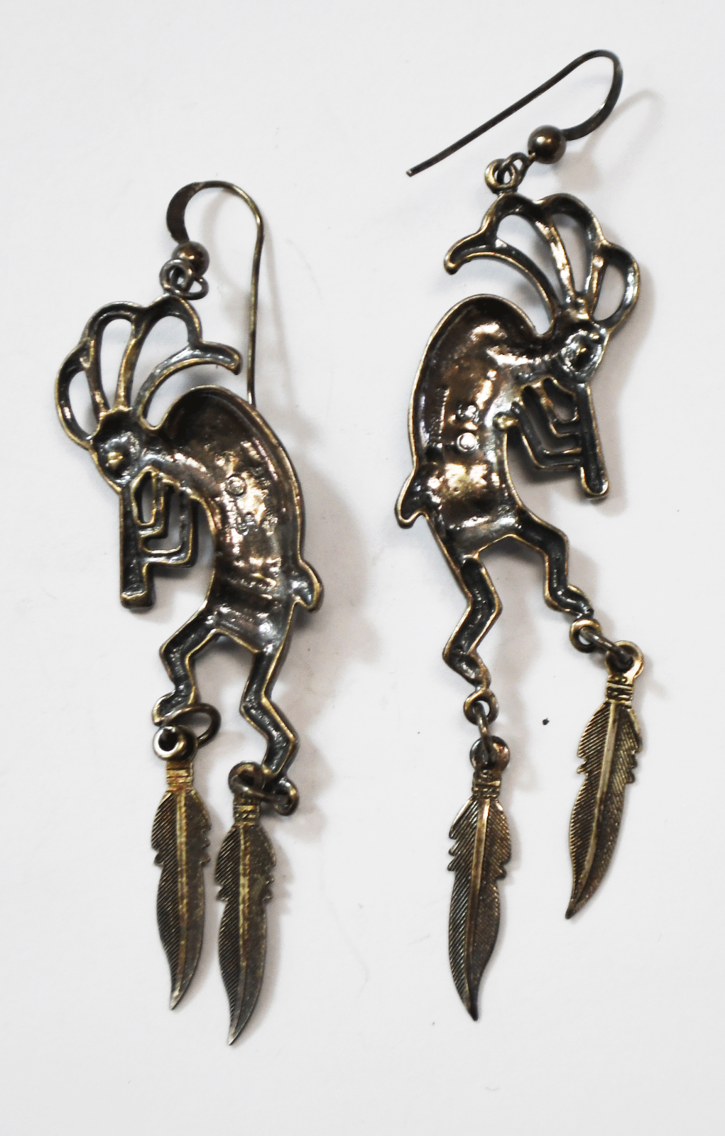 Sterling Silver Schubes Blue & Green Turquoise Kokopelli Earrings 3" Dangle