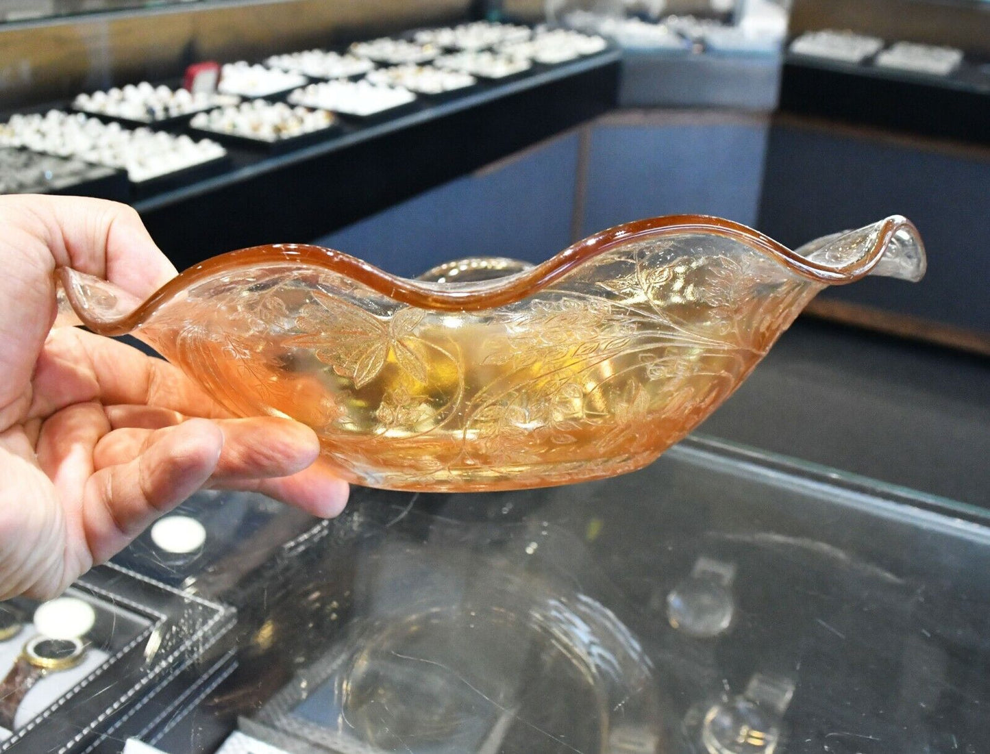 70's Molded Carnival Glass Iridescent Fruit Bowl Centerpiece 9 1/2" x 2 1/2"