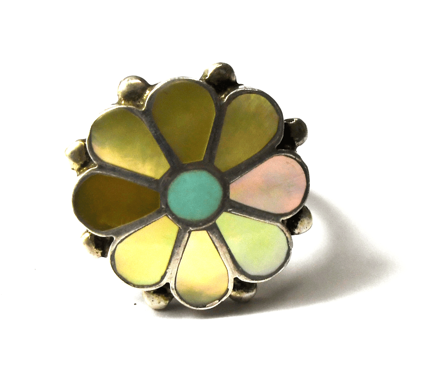 Sterling Silver Fleur Des Lis Signed MOP Inlay Flower Ring 21mm Size 8