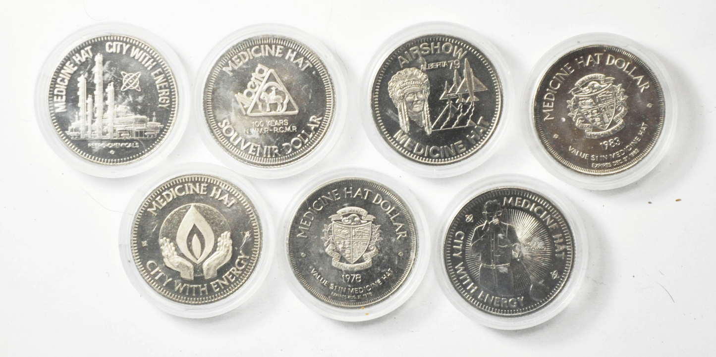 1974 75 76 77 78 79 & 83 $1 Canada Trade Medicine Hat Dollar 34mm 7 Tokens