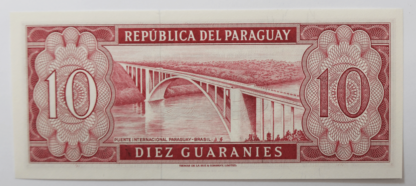 1952 Paraguay 10 Ten Guaranies Uncirculated Banknote