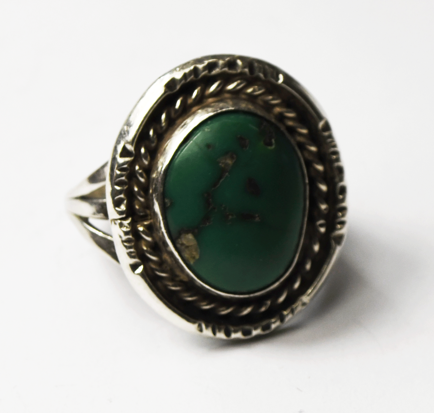 Sterling Silver Vintage Green Turquoise Oval 3 Split Band Ring 25mm Size 7