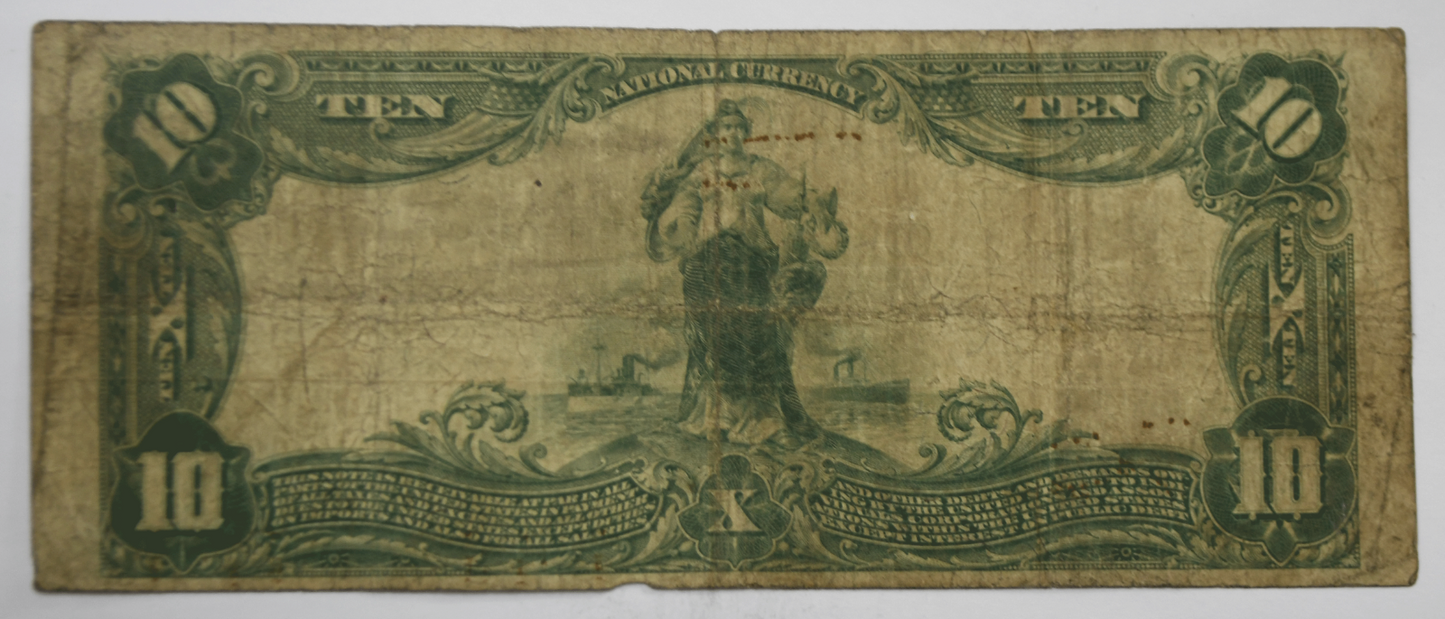 1902 $10 National Currency Note 116438 Indianapolis Indiana 869 Plain Back