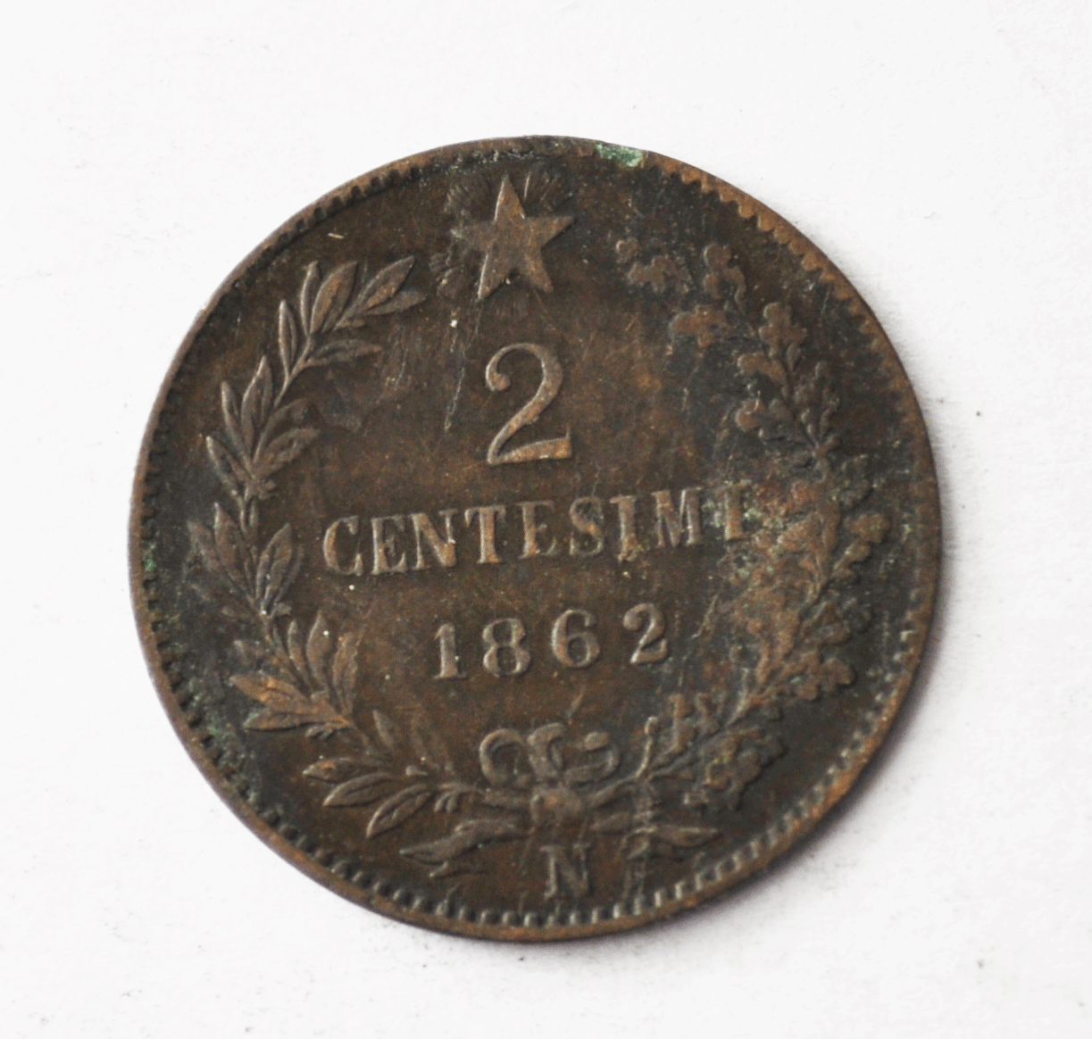 1862 N Italy 2 Two Centesimi Copper Coin KM# 32.2