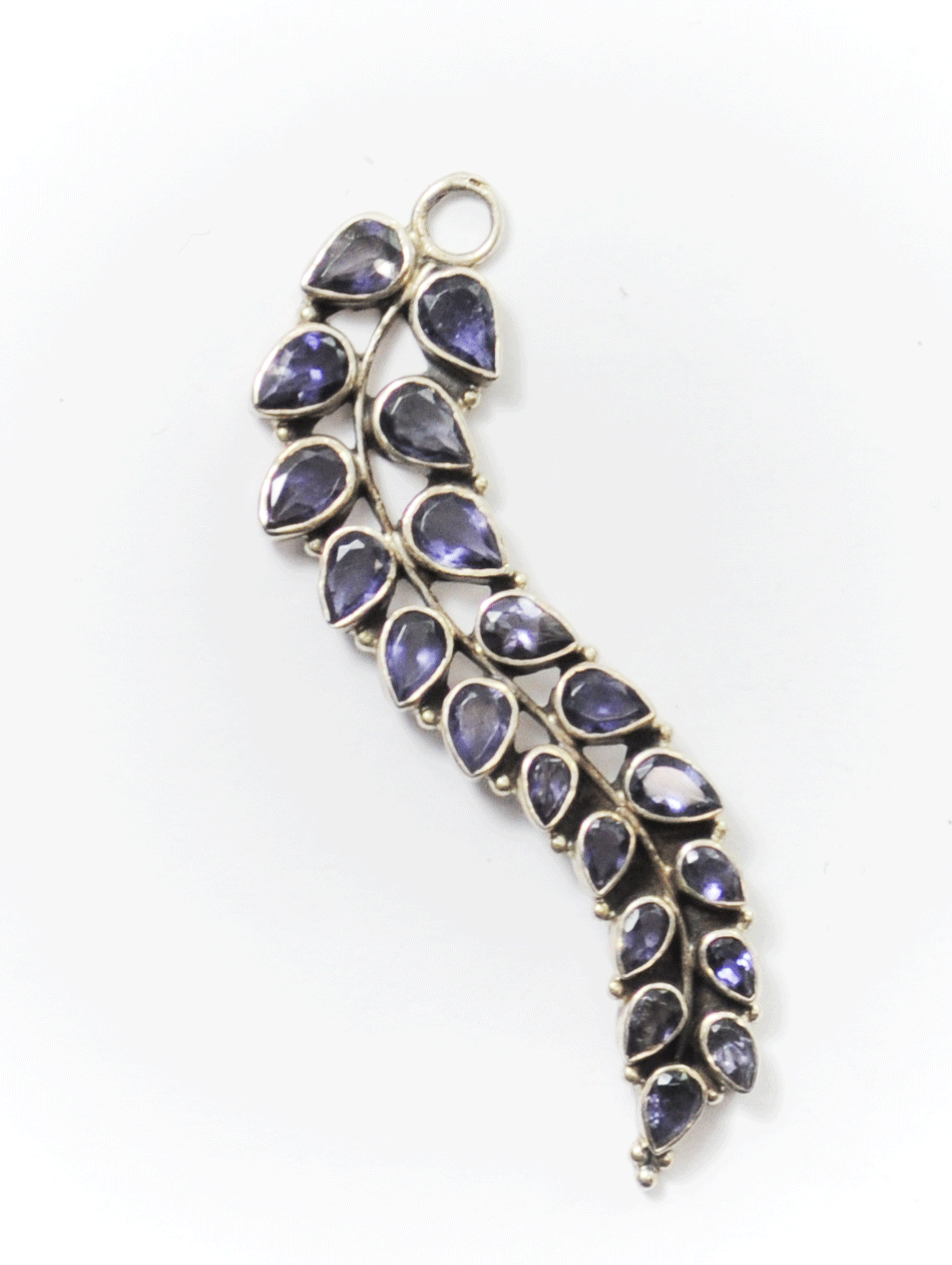 Sterling Purple Amethyst Cluster Long Winding Floral Leaf Pendant 65mm x 16mm