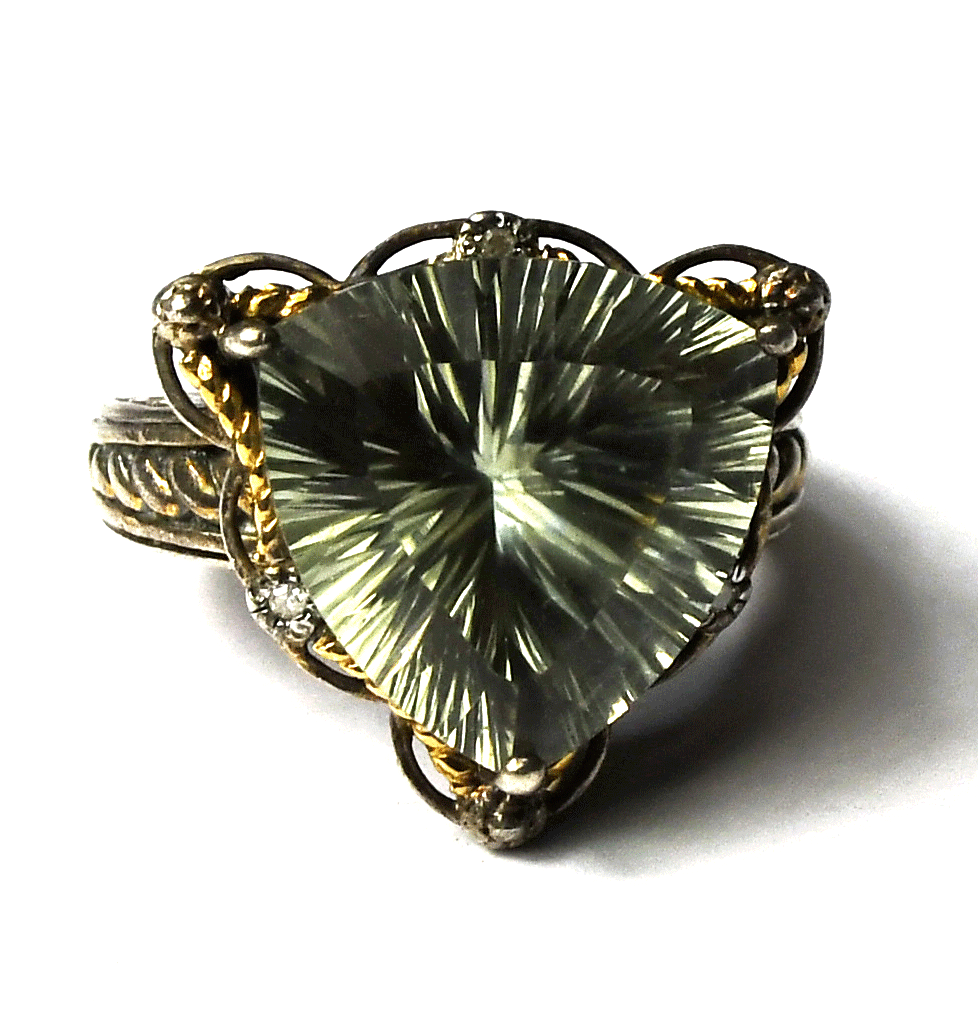 Sterling Silver Signed OM 14k Prasiolite Triangle Ring 18mm Size 6