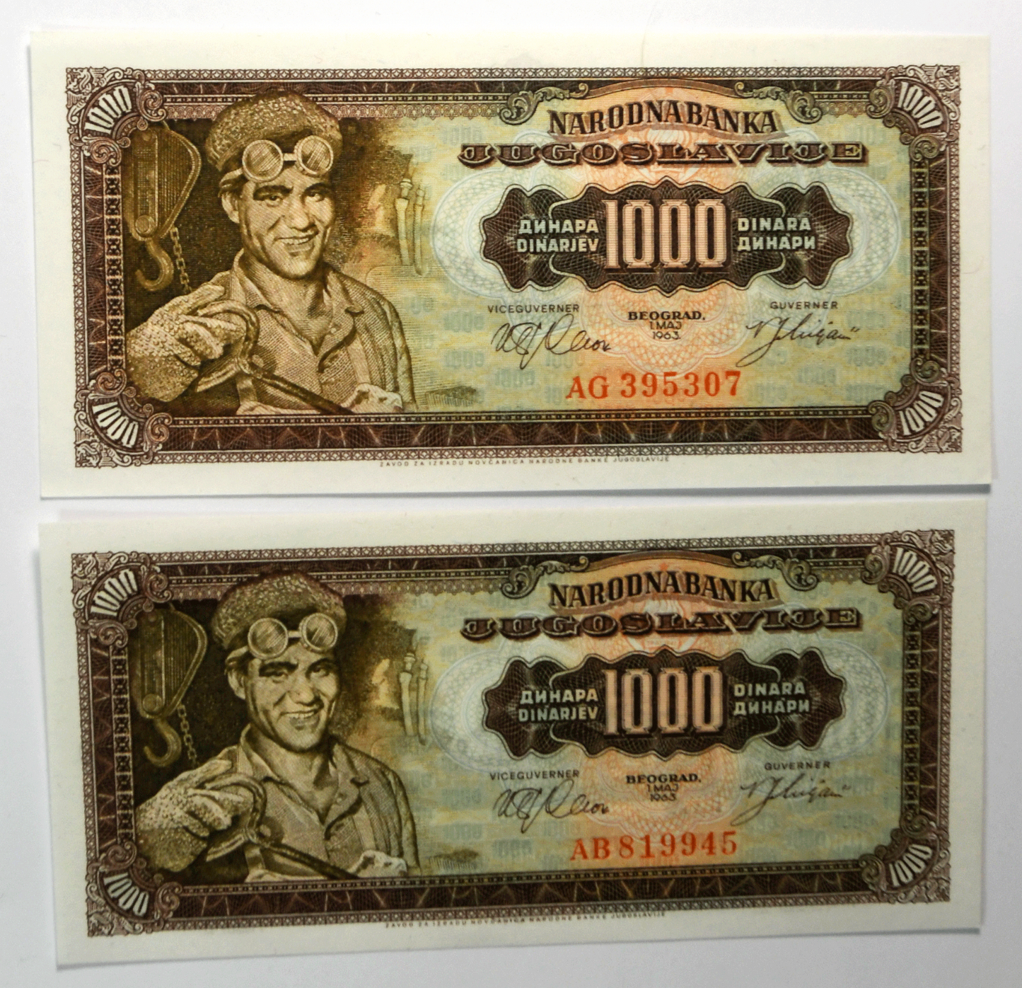 1963 Yugoslavia 1000 Thousand Dinara Uncirculated Bank Notes AB819945 AG395307