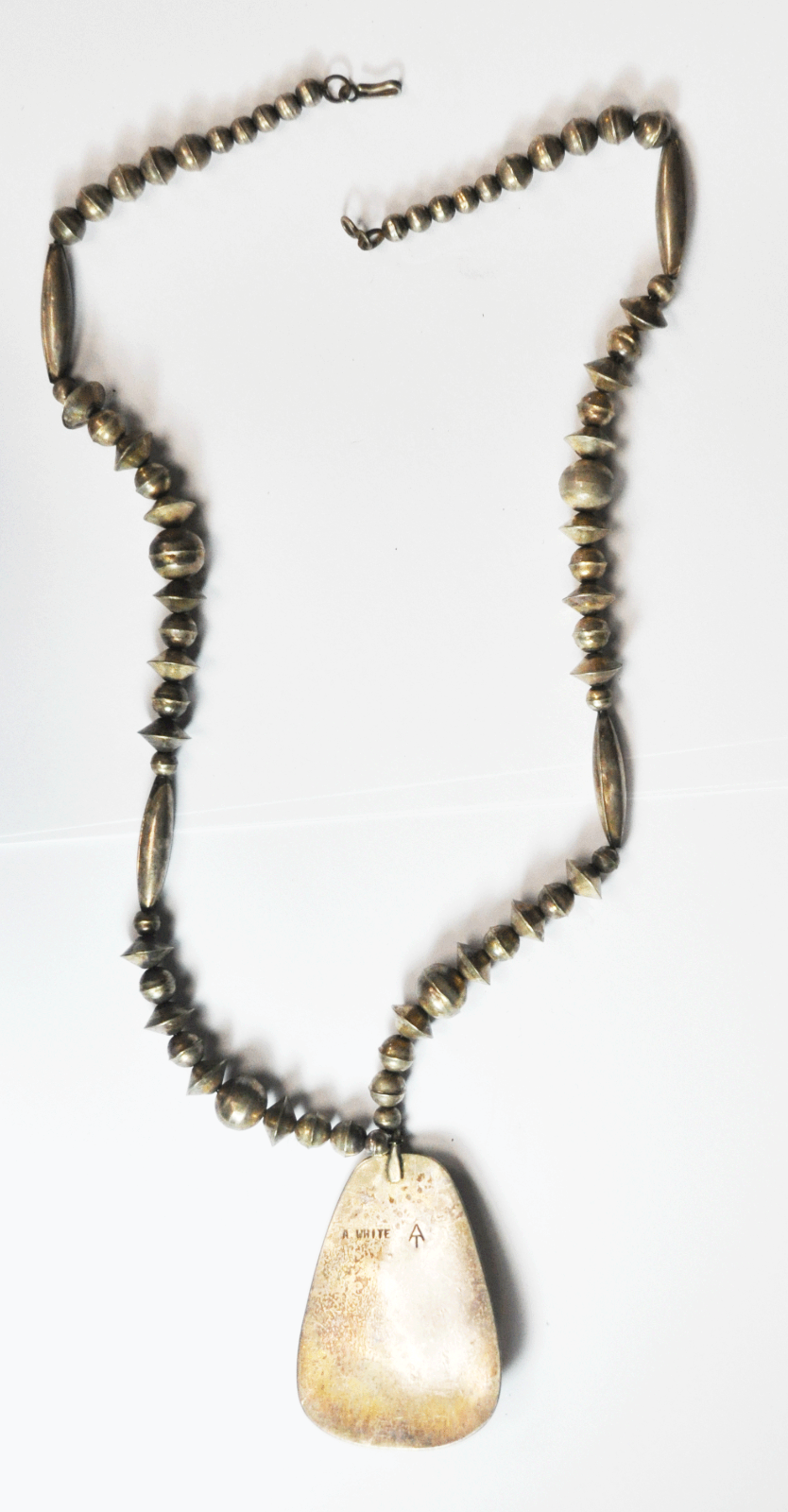 Sterling A White Turquoise Shadow Box 2-3/4" Pendant 12mm Bead Necklace 25"