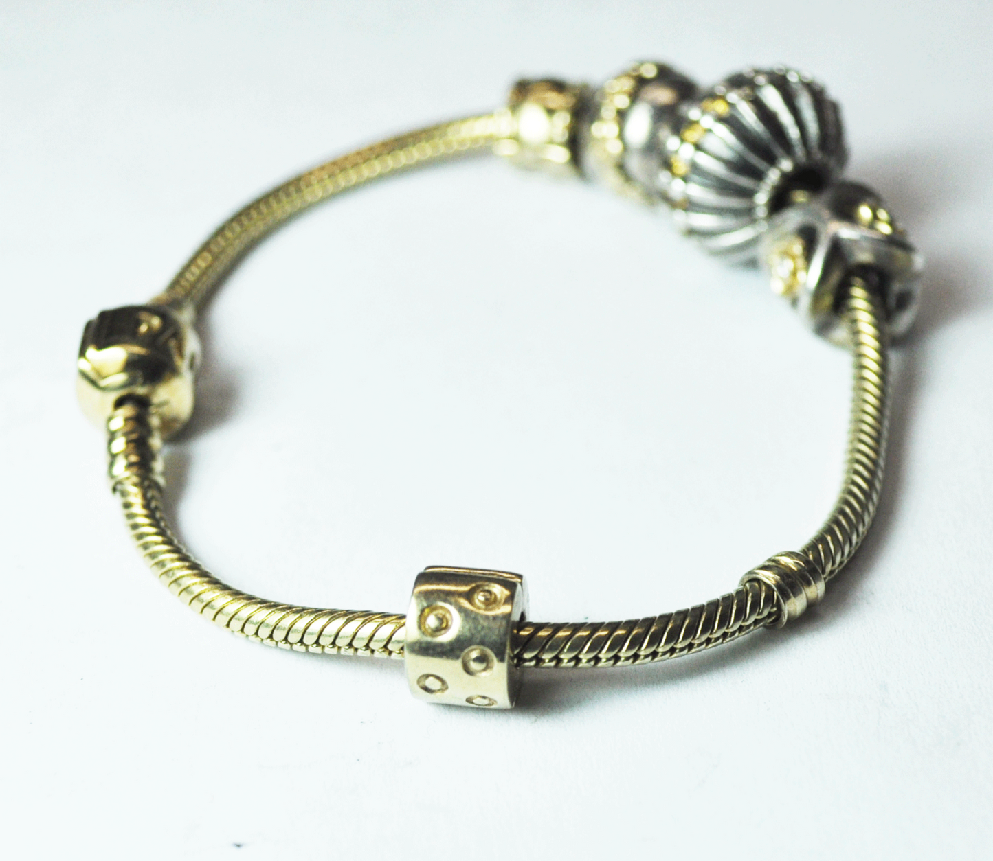 14k Pandora Bead Bracelet 2 Gold & 2 Silver Charms 7-1/4" CZ Flower