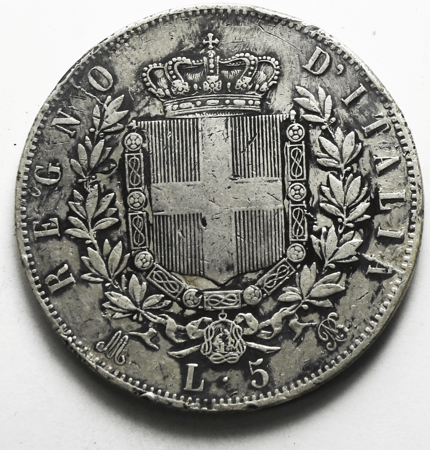 1874 M BN Italy 5 Five Lire Silver Coin KM# 8.3
