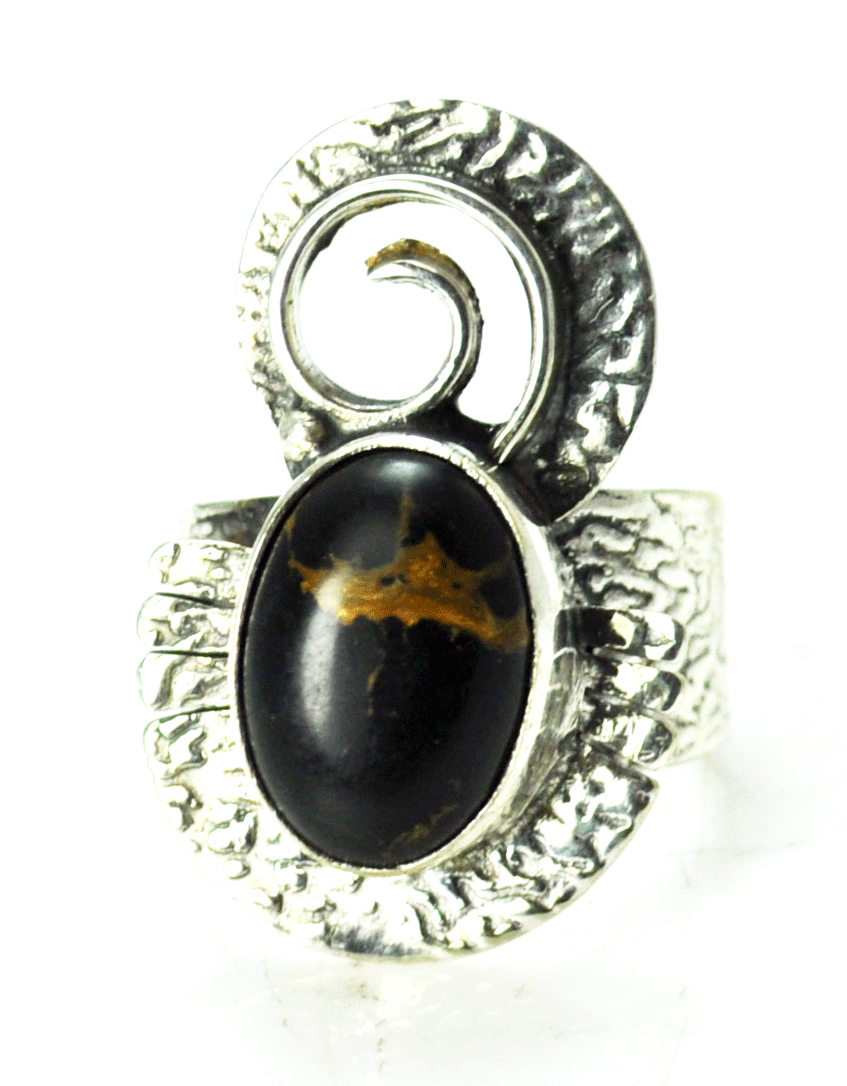Sterling Silver Oval Black Stone Gold Veins Elongated Swirl Ring 29mm Size 7