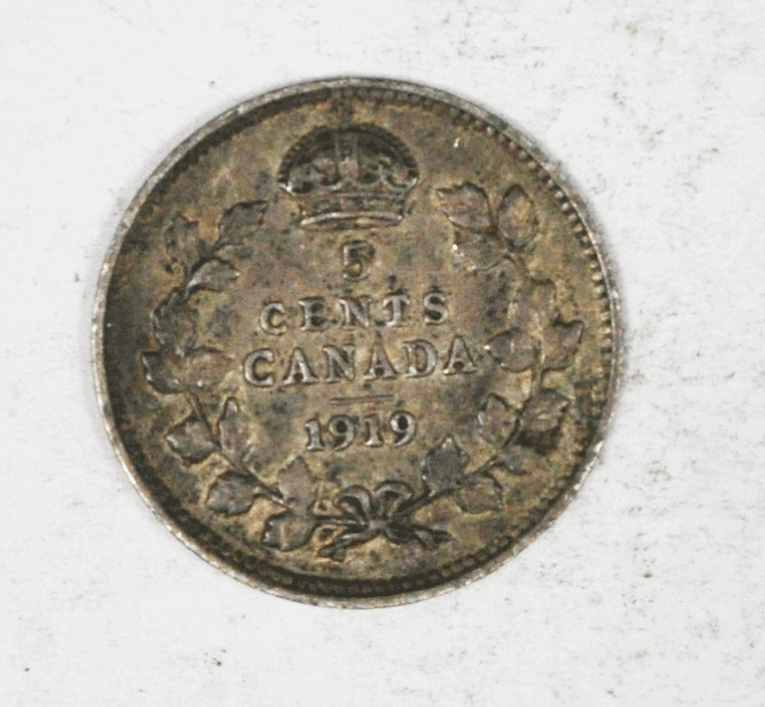 1919 Canada 5c Five Cents Silver Coin Half Dime KM# 22