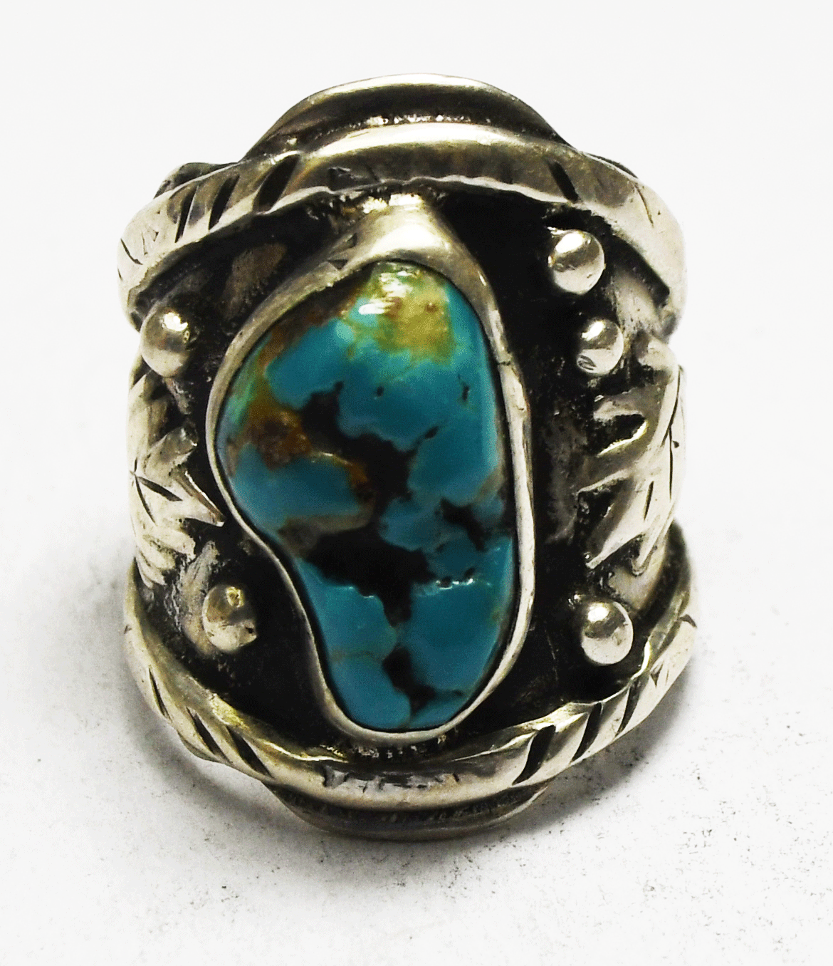 Antique ER Sterling Silver Turquoise Leaf Edge Ring 27mm Size 7