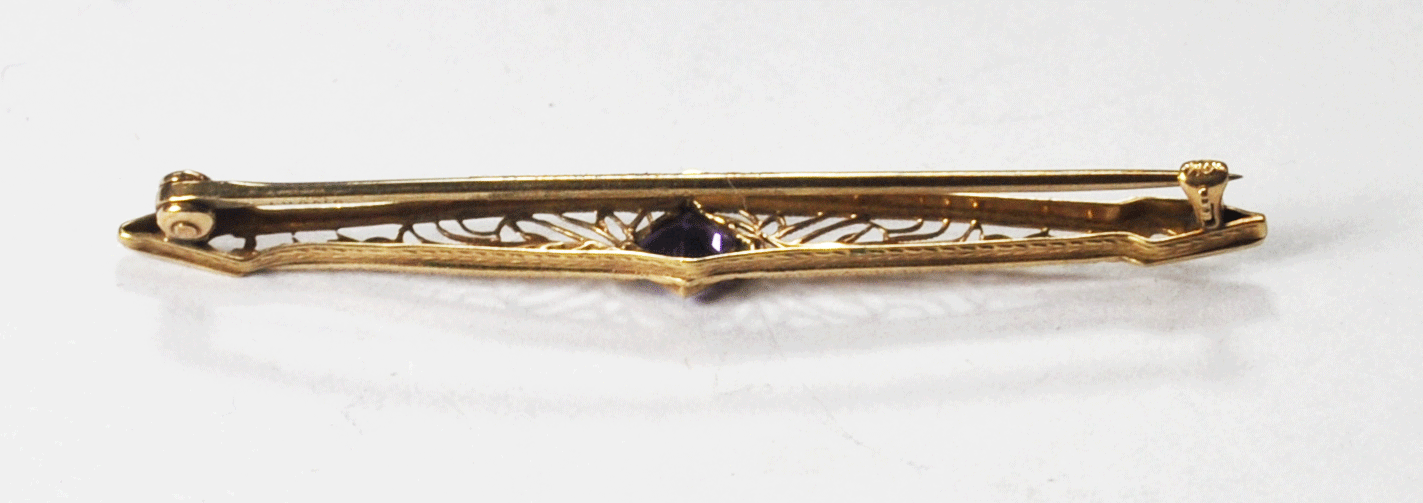 Vintage 10k Rose Gold Amethyst Filigree Brooch Pin 52mm x 8mm