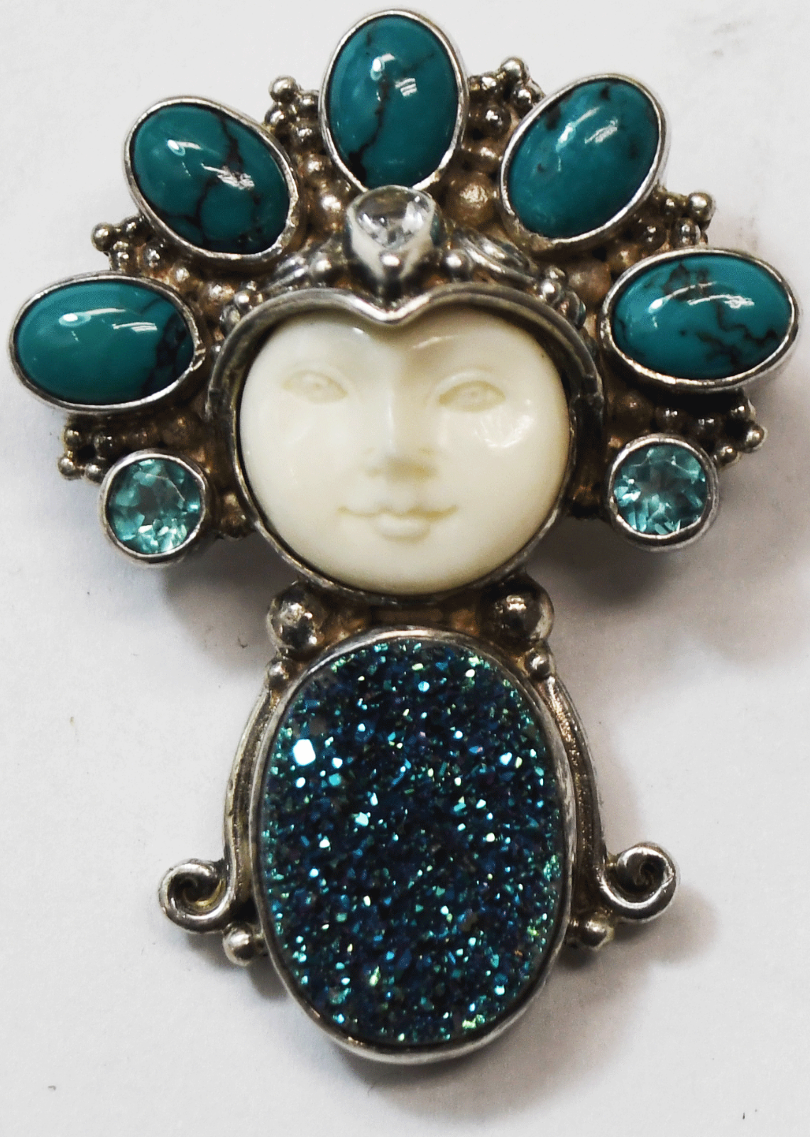 Sajen Sterling Goddess Face Turquoise Headdress Drusy Pendant Brooch 41mm x 31mm