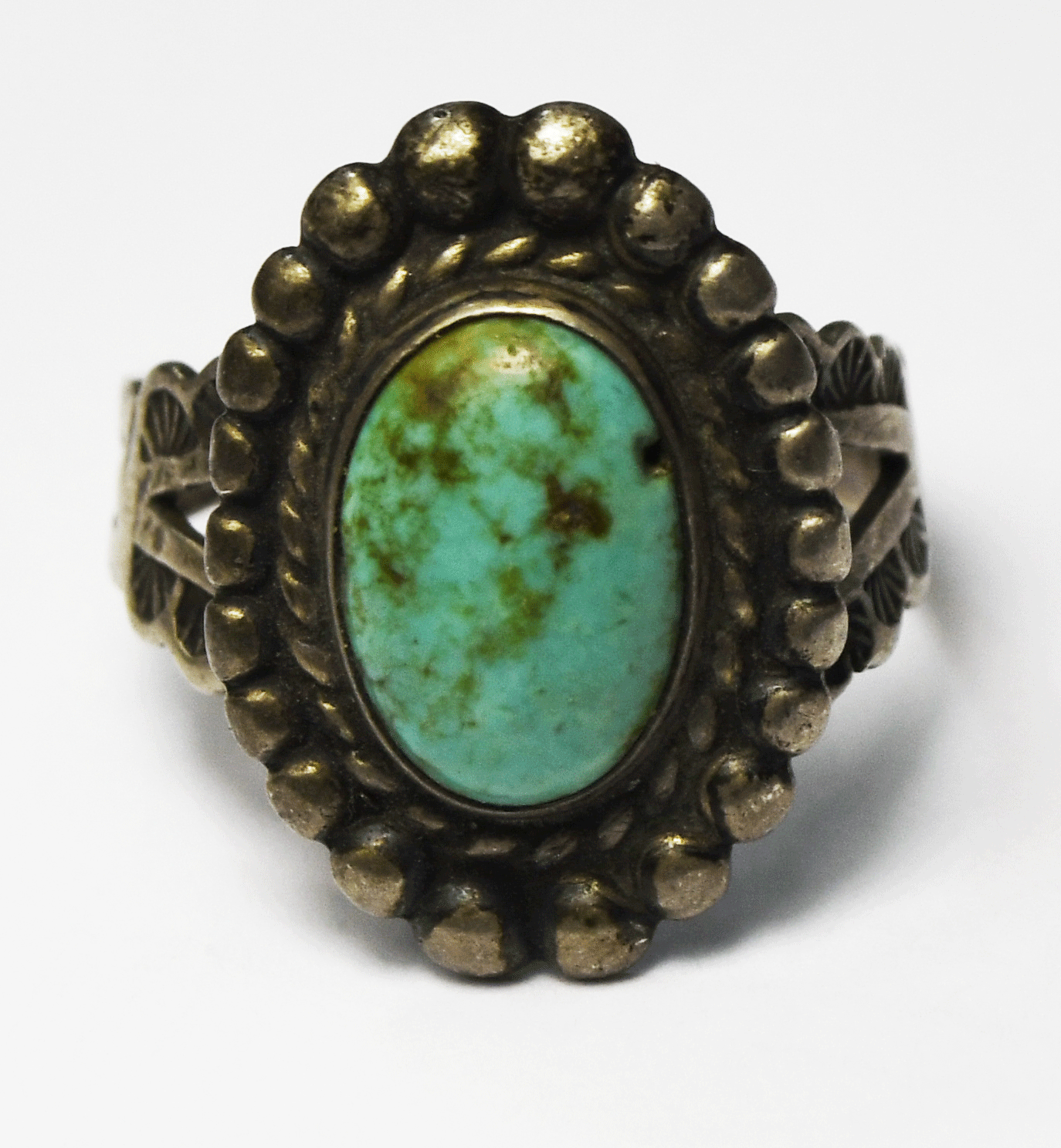 Sterling Silver Turquoise Oval Antique Arrows Ring 21mm Size 5-1/2 Ajdustable