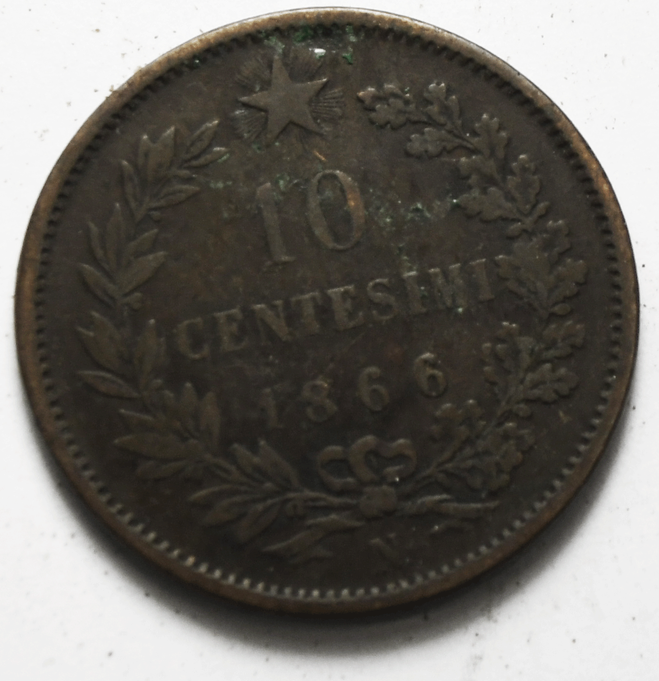 1866 N Italy 10 Ten Centesimi Copper Coin KM# 11.4