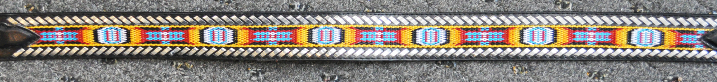 Woven Rainbow Twine Black Leather Belt 34 Malachite Buckle 3-3/8" x 2-1/4"