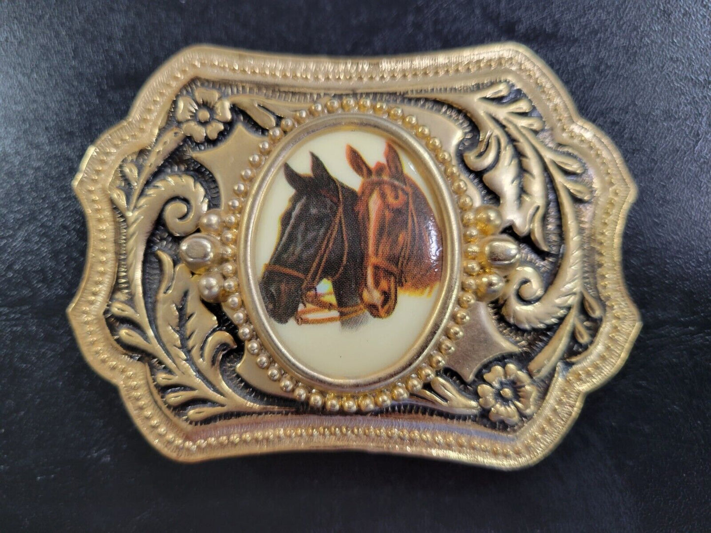Vintage Double Horse Head Gold Tone Metal Belt Buckle 3 3/3"x 2 1/2"