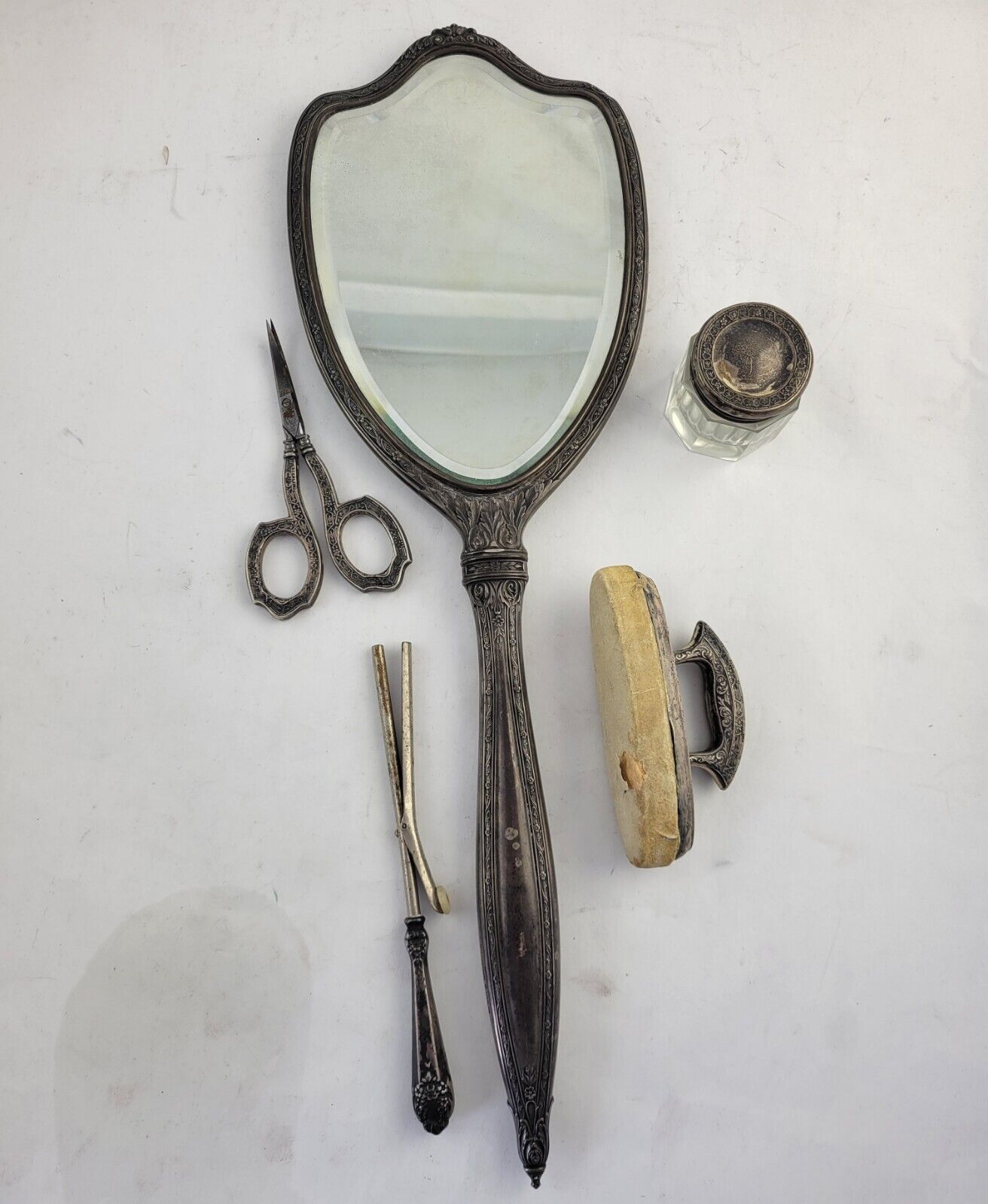 Victorian Sterling Repousse 5 Piece Vanity Set Mirror scissors Nail Buffer