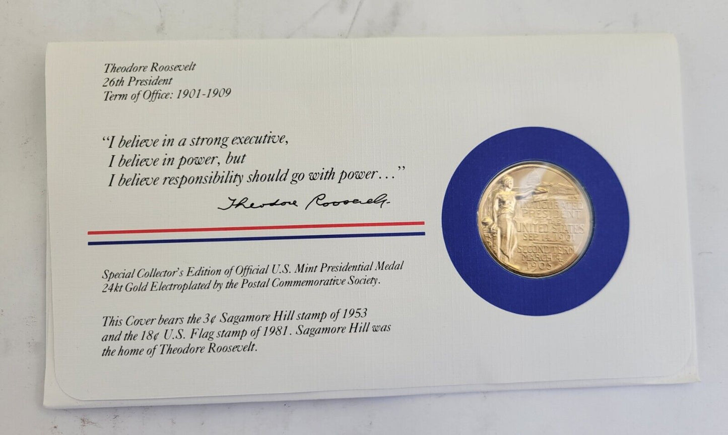T Roosevelt Presidential Covers Medal Postal Commemorative Society Gold Plated