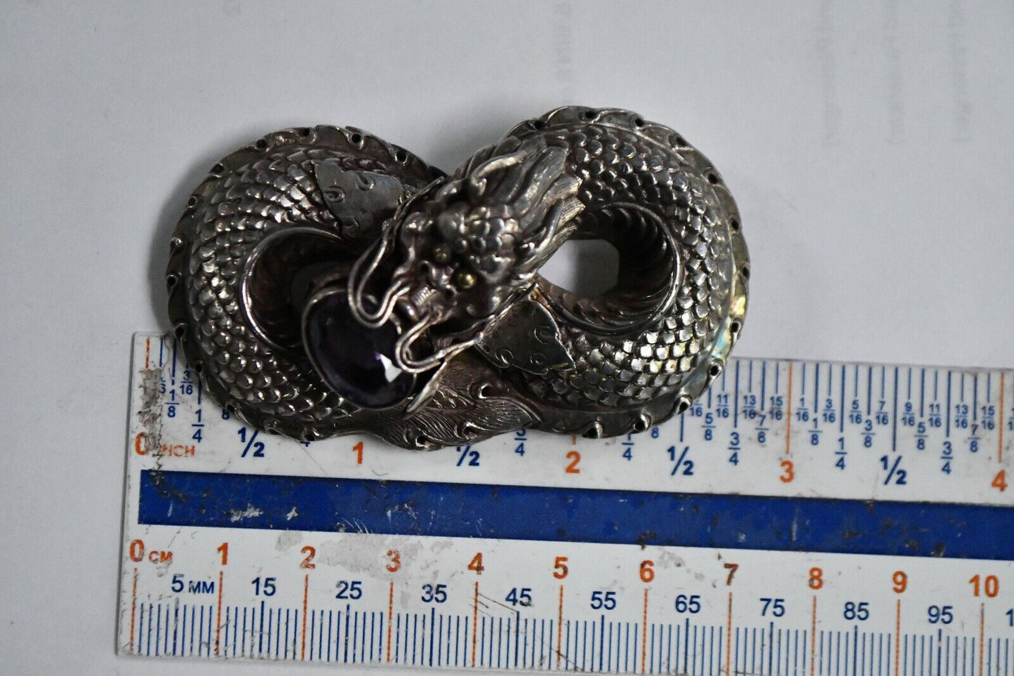 Vintage Sterling Silver & 8ct. Amethyst Oriental Dragon Pendant Nepal 2 3/4"