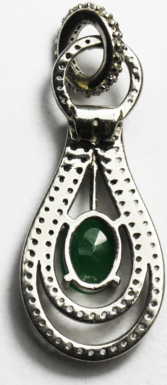 Sterling Silver CZ Teardrop Halo Natural Emerald Pendant 33mm x 16mm