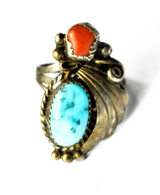 Sterling Silver LM Floral Coral Turquoise Overlay Ring 31mm Sz 7.5
