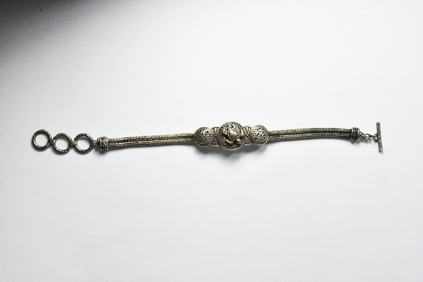 Sterling Silver Turtle Center Double 2.5mm Byzantine Toggle Bracelet 16mm 8"
