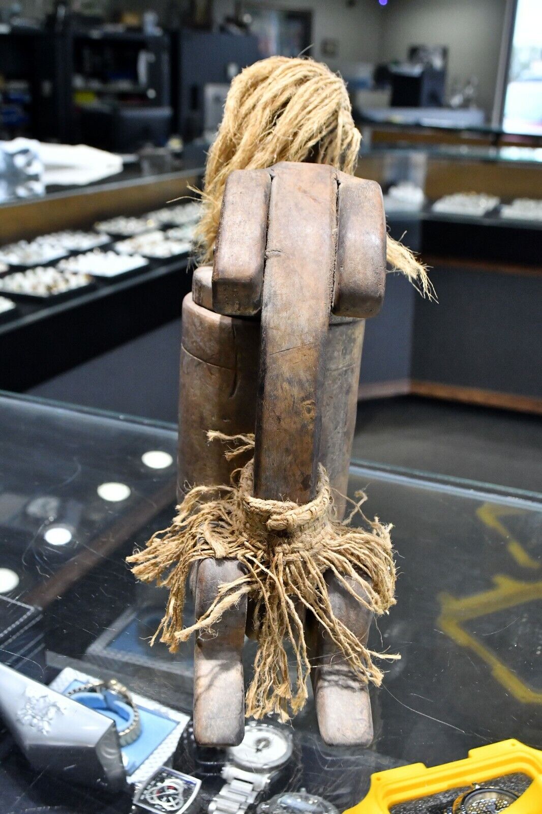 African Wooden Container Cup Vessel 10" x 7 3/4" Beautiful Figure Sculpture