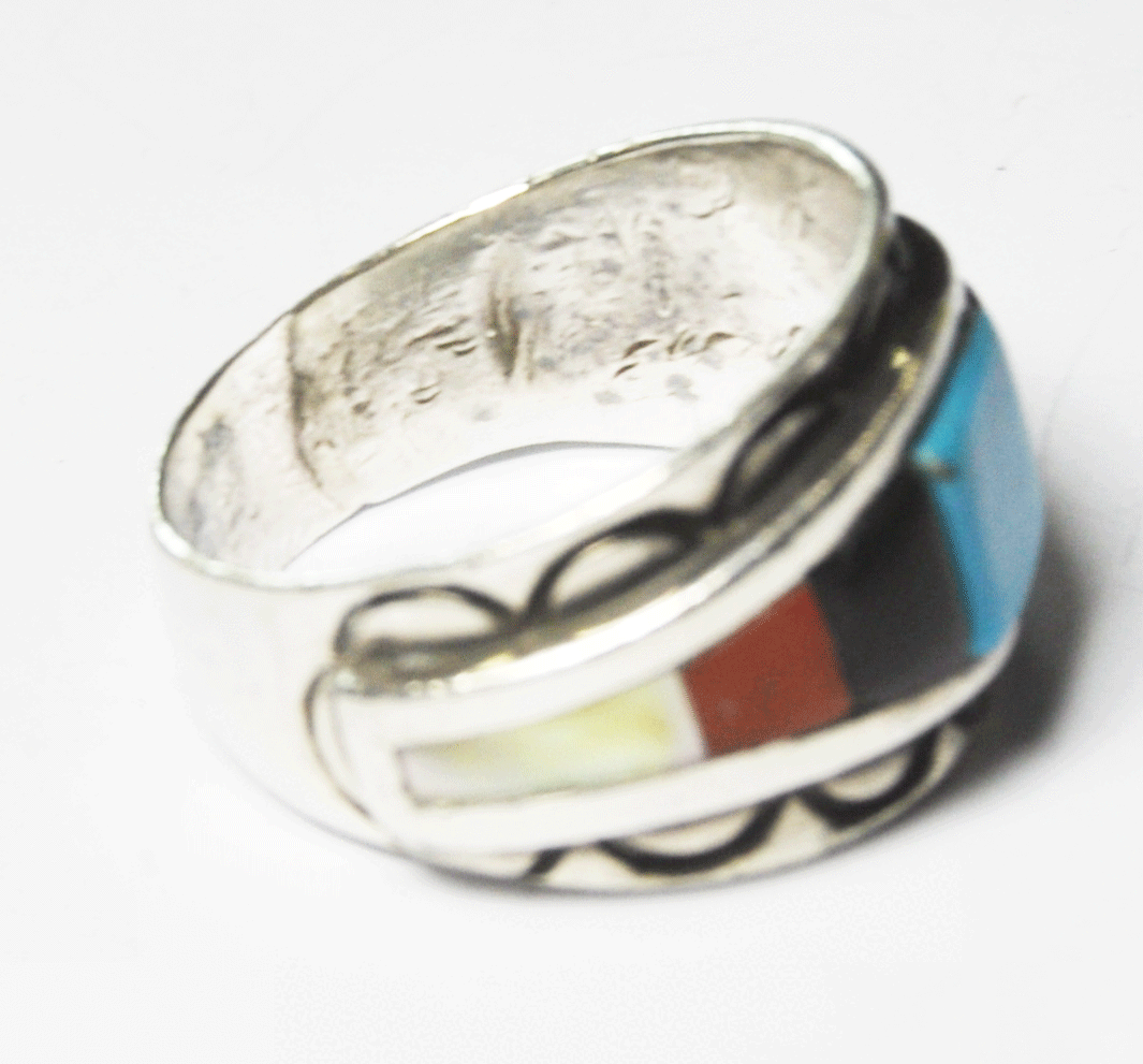Sterling Silver W Dodson IHMSS Stepped Inlay Ring 17mm Size 12.5 Turquoise Coral