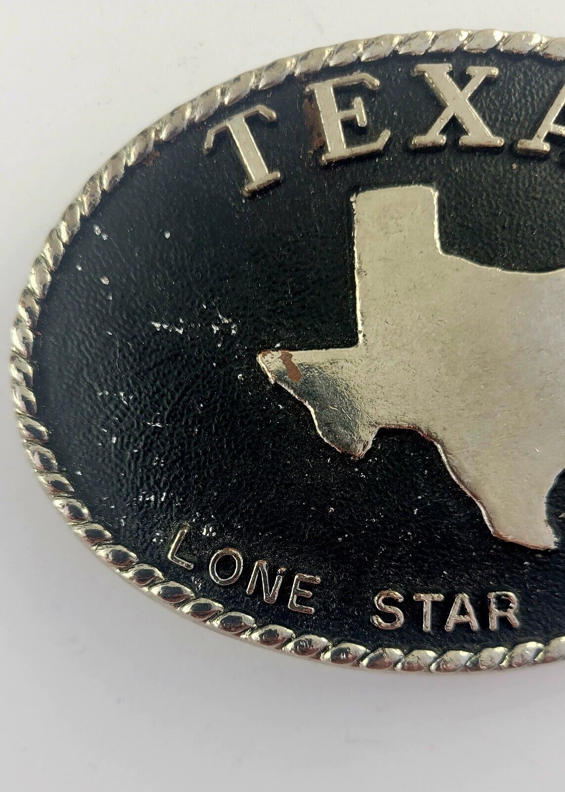 Vintage Lone Star State Texas State Belt Buckle Black Oval Worn 4 x 2 3/4"