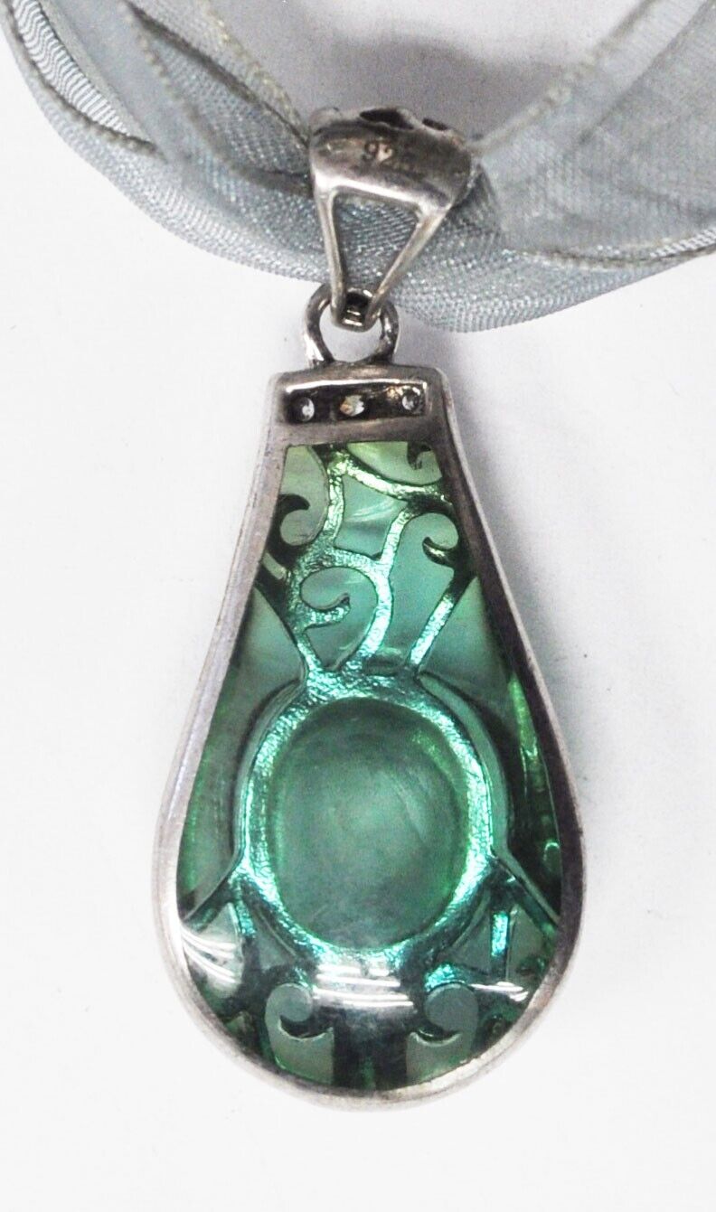 Sterling Silver & Plastic Teardrop 47mm Pendant Oval CZ Ribbon Necklace 17"