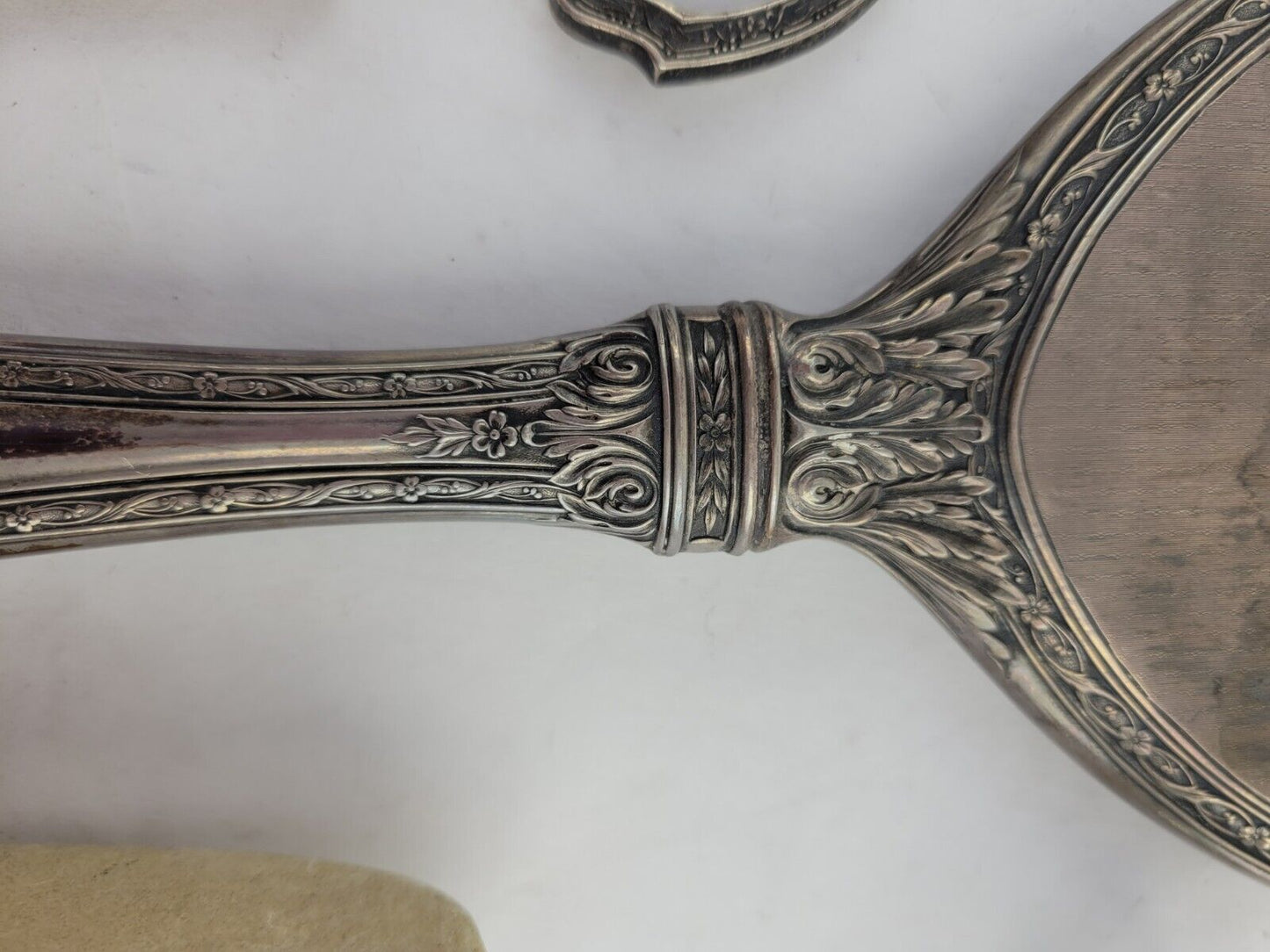 Victorian Sterling Repousse 5 Piece Vanity Set Mirror scissors Nail Buffer