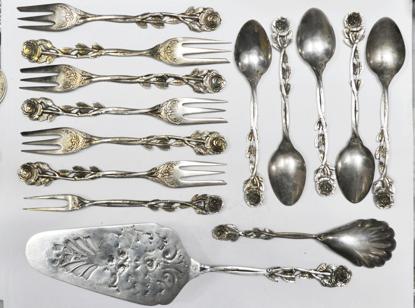800 Fine Silver Germany Rose Handle 14 Piece Set Cake Server Sugar Spoon