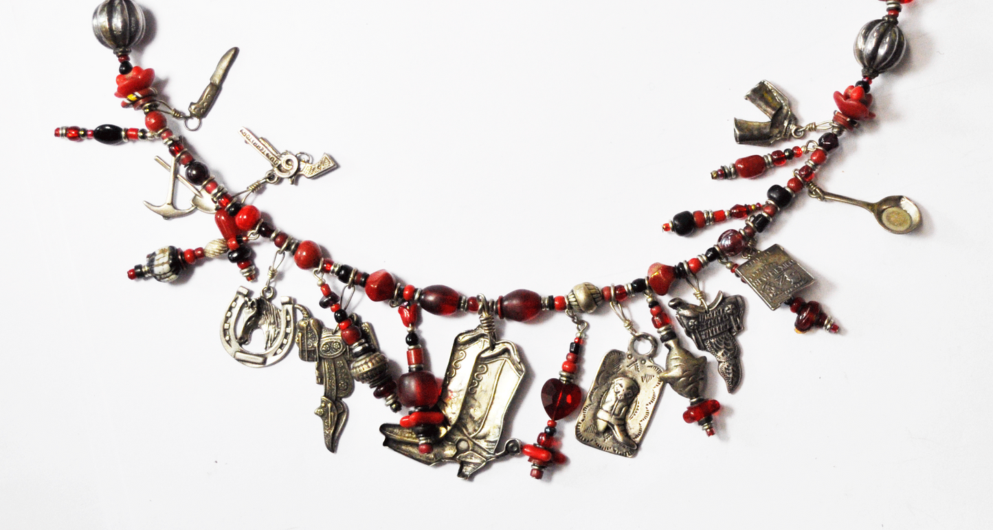 Sterling Silver Red Bead Southwest 2" Charm Necklace 23.5" Boots Pistol Saddle