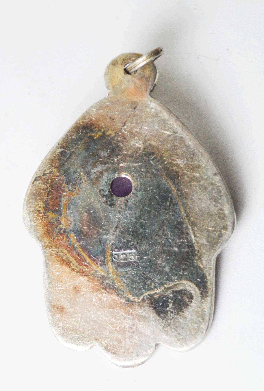 Sterling Silver Hamsa Fatima Hand Scroll Overlay Amethyst Pendant 1-3/4"