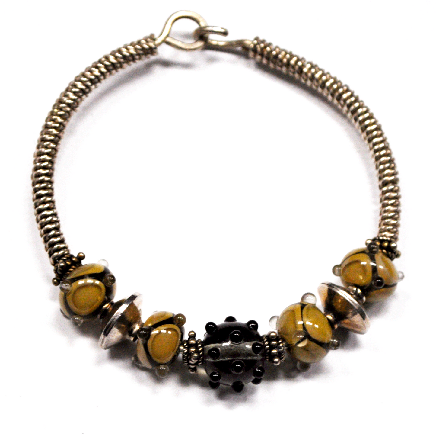 Silver Plated Wire Twist Bangle Latch Bracelet Spiked Glass Bead 14mm 7.25"