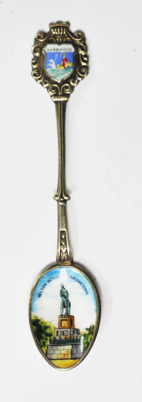 Sterling REU Barbados Nelson Monument Bridgetown Enamel Souvenir Spoon 4.5"