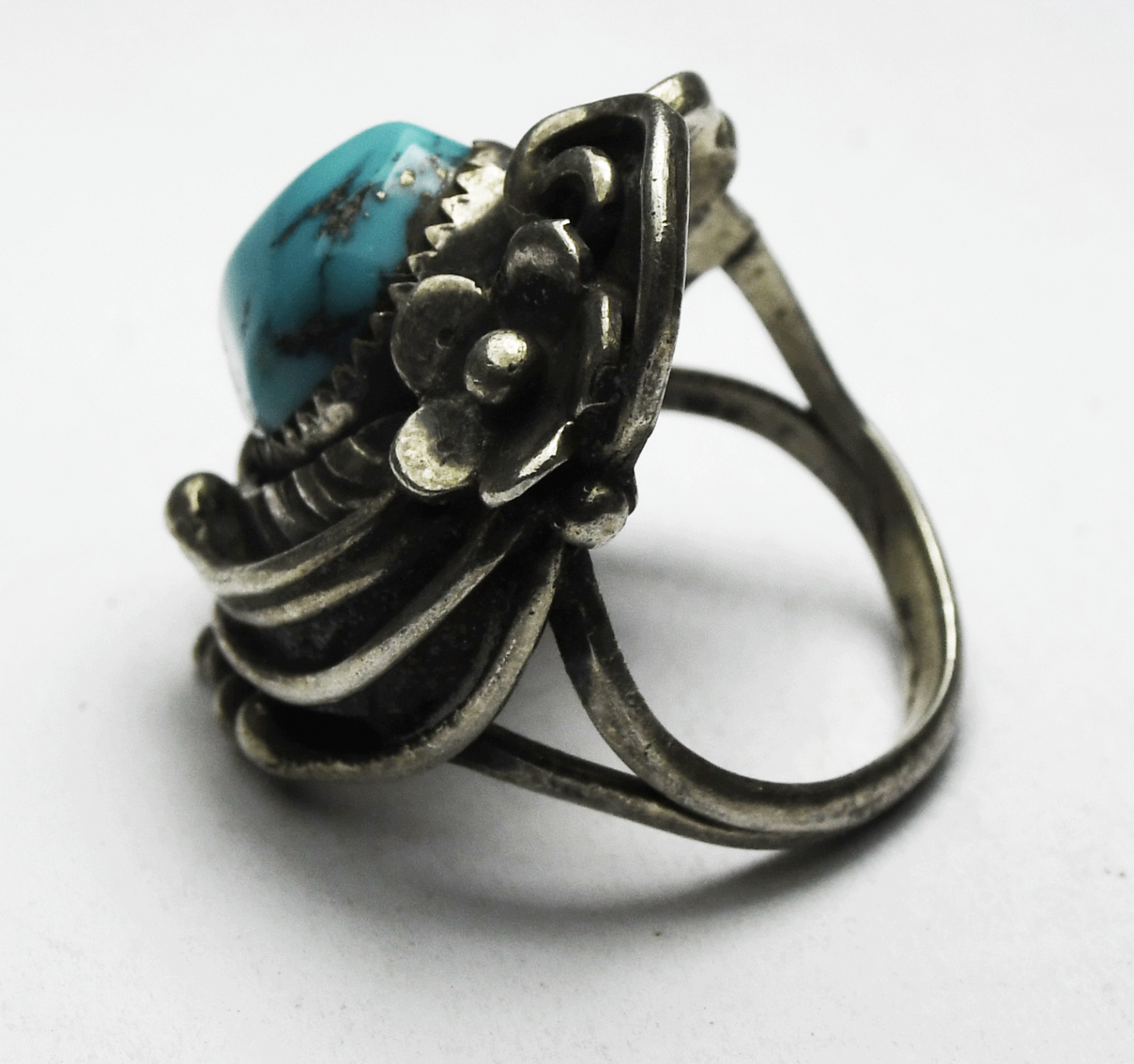 Sterling Silver Signed FG Turquoise Flower Floral Dot Ring 26mm Size 5-1/4