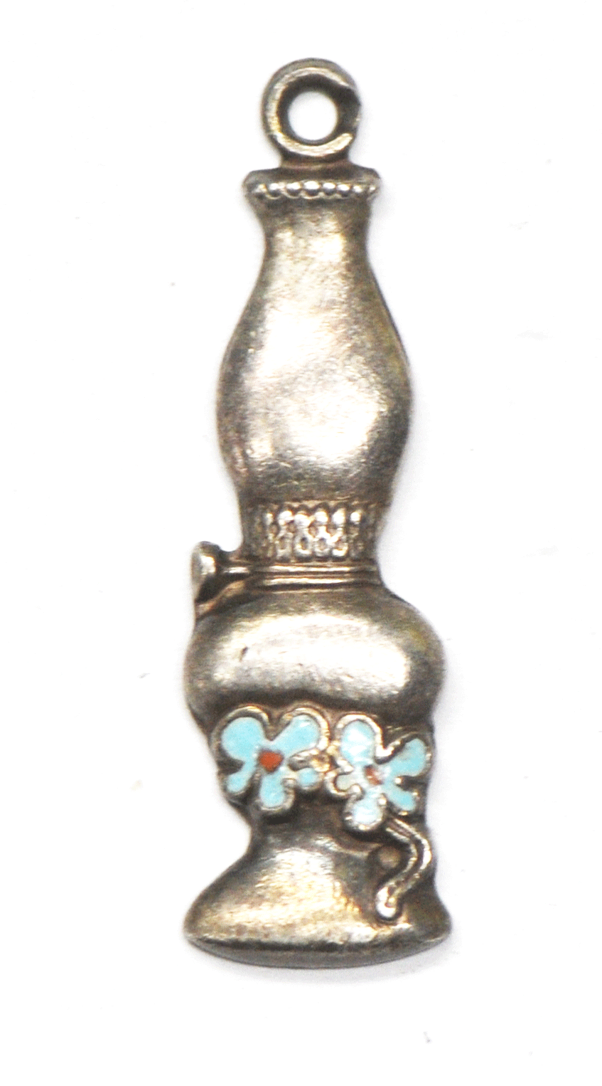 Sterling Silver Kerosene Oil Lamp Enamel Flower Charm 31mm