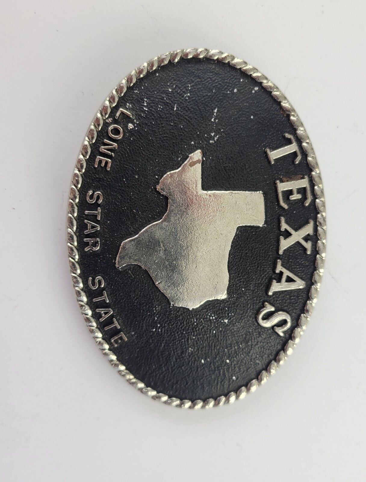 Vintage Lone Star State Texas State Belt Buckle Black Oval Worn 4 x 2 3/4"
