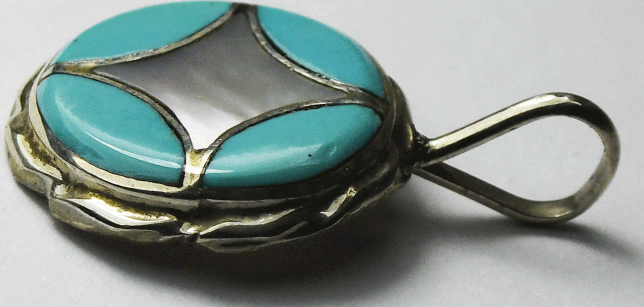 Sterling Silver MOP Turquoise Inlay Round Pendant 24mm x 15mm