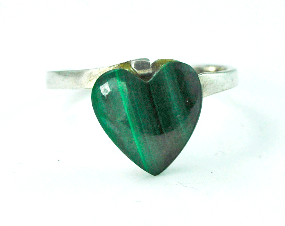 Sterling Silver Green Heart Malachite Solitaire Ring 11mm Size 7 SS