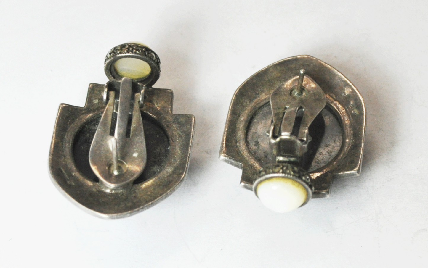 Sterling Silver Designer Signed Onyx Marcasite MOP Clip On Earrings 36mm x 25mm