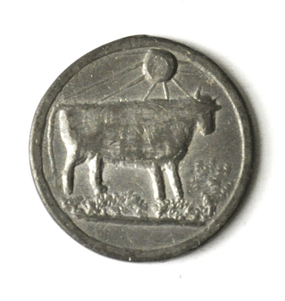 Bull Cow Taurus Grass Sun Antique Pewter Token 21mm Rare