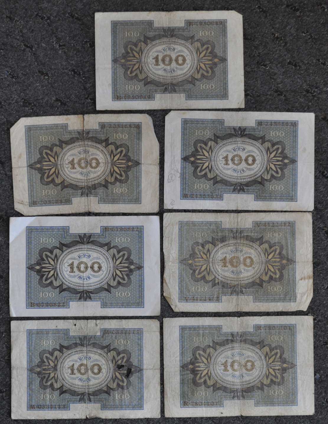 Lot of 7 1920 Germany 100 Hundred Mark Republic Treasury Note