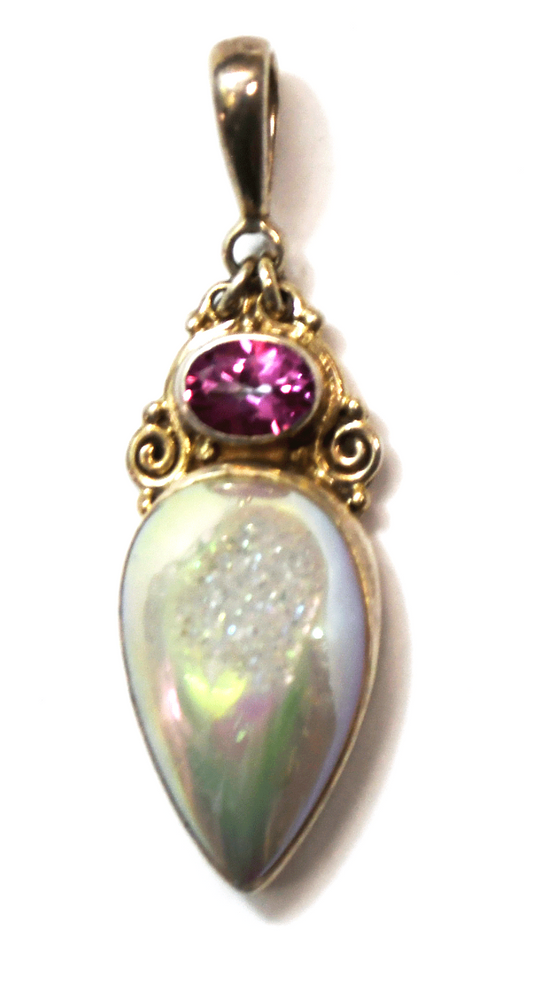 Sterling Silver Iridescent Druzy Quartz Teardrop Sajen Pendant 48mm x 16mm